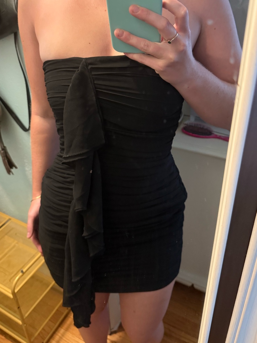 Meshki Strapless Black Ruched Bodycon Dress with Front Ruffle